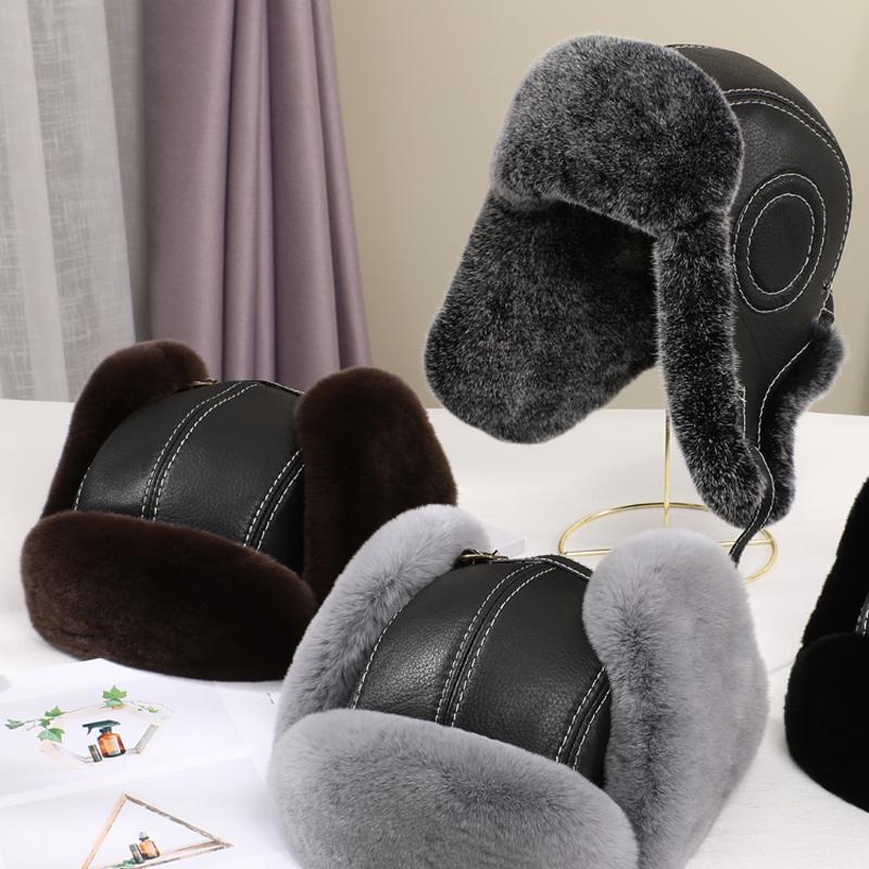 New Men's Natural Rex Rabbit Fur Bomber Hats Winter Russian Man Warm Real Sheepskin Leather Hat Male Real Fur Caps