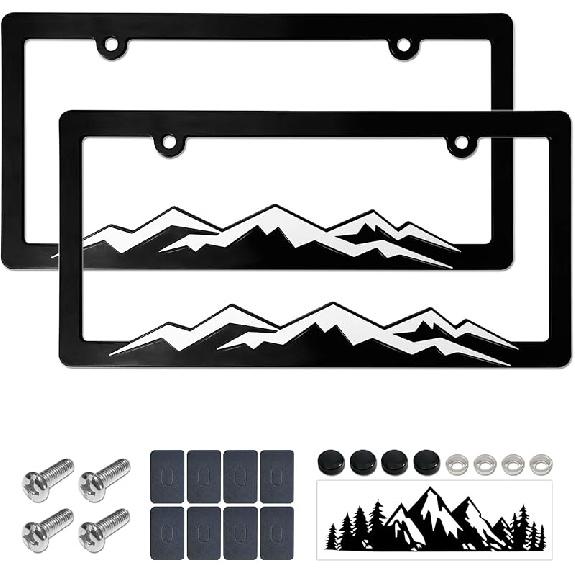 Mountain License Plate Frames- White On Black 3D Mountain Raised, ABS Plastic Car Tag Holder | Includes Rust-Proof Screws, Caps & Free Vinyl Decal