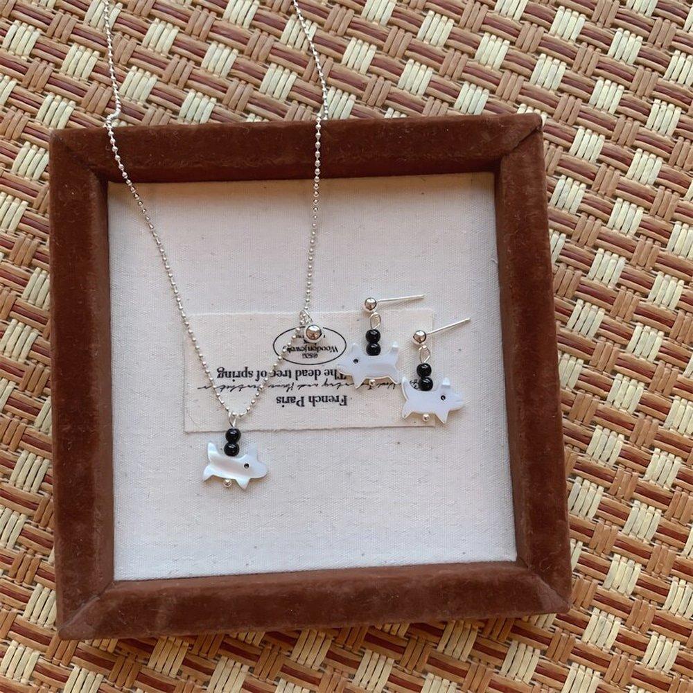 Women's Cute Mother-of-Pearl Puppy Silver Needle Earrings Necklace