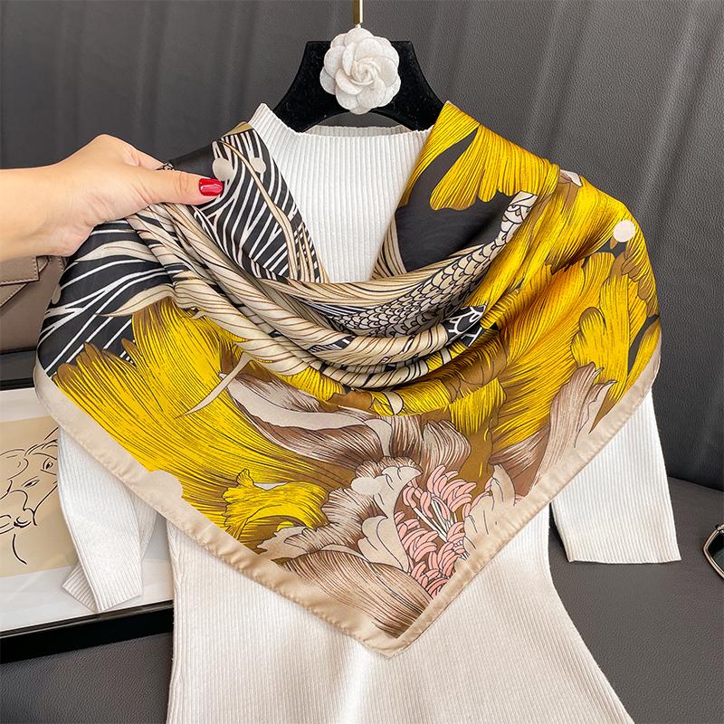 110x110cm Women Silk Square Scarf Hijab Female Design Print Lady Shawl Wraps Foulard Headbands Bufanda Large Bandana Luxury