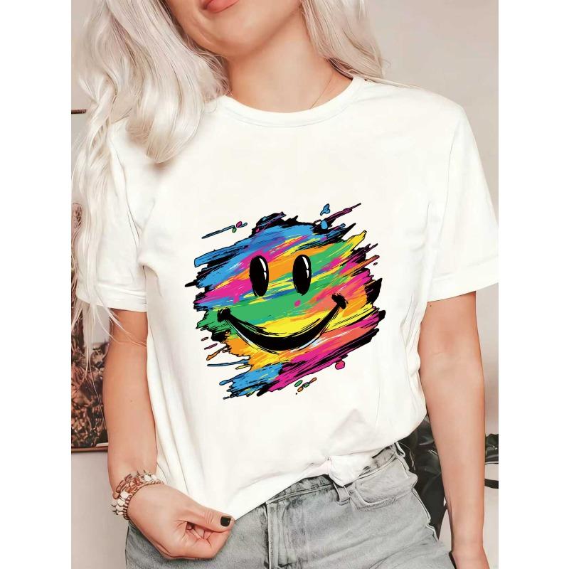 Oversized T Shirt Black Rainbow Smile Face Print Casual Wear For Women Summer Streetwear Fashion Top
