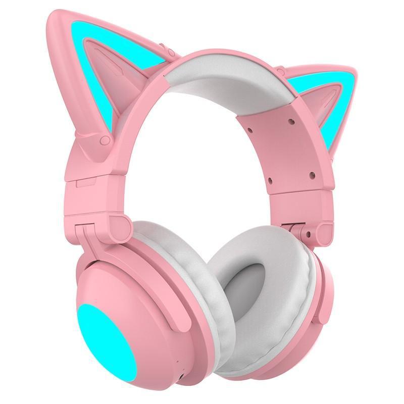 Căști de gaming cu LED, cu ureche de pisică, pliabilă, montată pe cap, Căști Bluetooth 5.0, căști fără fir adevărate cu microfon