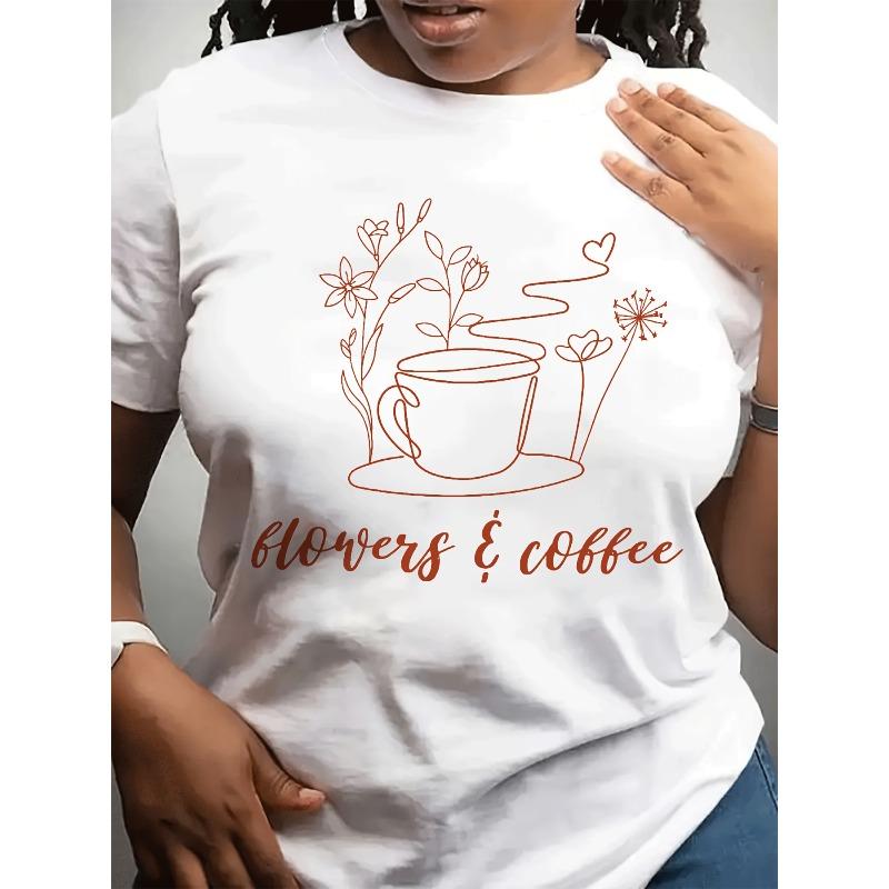 

Plus Size, Women s Plus Size Floral Coffee Print T-Shirt - Oversized Casual Round Neck Short Sleeve Top with Flowers & Coffee S белый