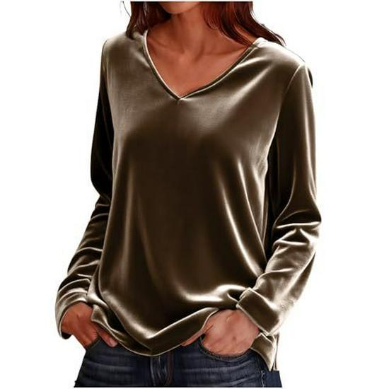 2026 Women's Solid V-Neck Long Sleeve Loose T-Shirt for Spring and Autumn