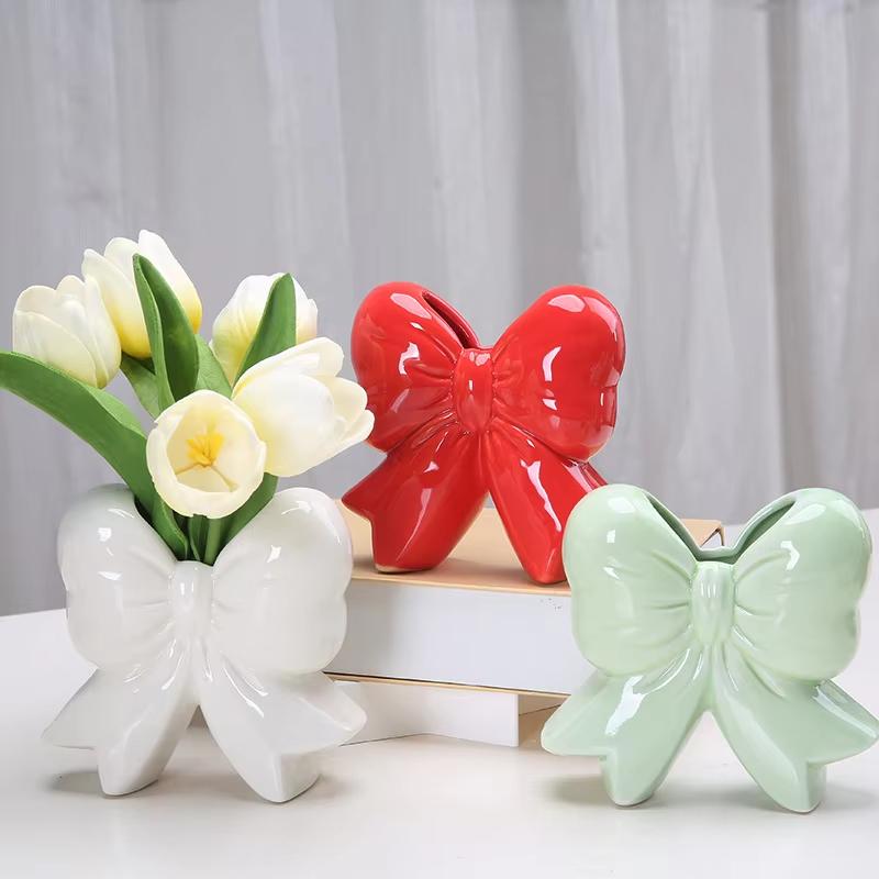Bowknot Ceramic Vase Handmade Pottery Plant Flower Pot Floral Arrangement Display Crafts Office Decoration Home Accessories
