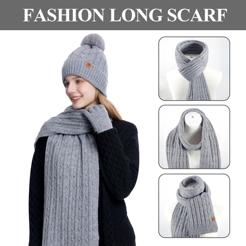 Knitted Hat Scarf Gloves Set Women's Winter Double Layer Plus Velvet Thick Outdoor Warm