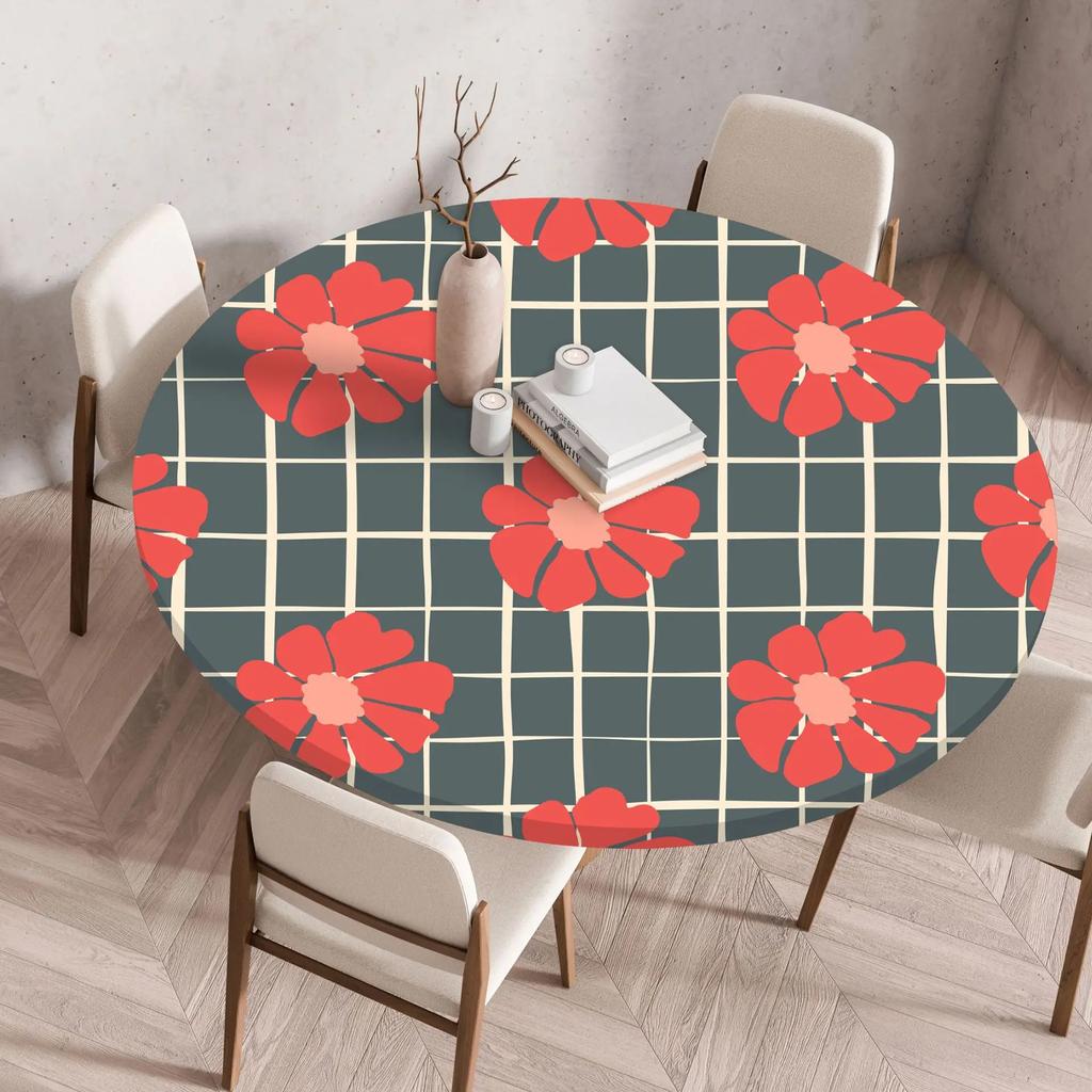 Plant Flower Patterns Round Tableclothes for Dining Table Fitted Table Protector Cover Elastic Edge Desk Decoration Waterproof