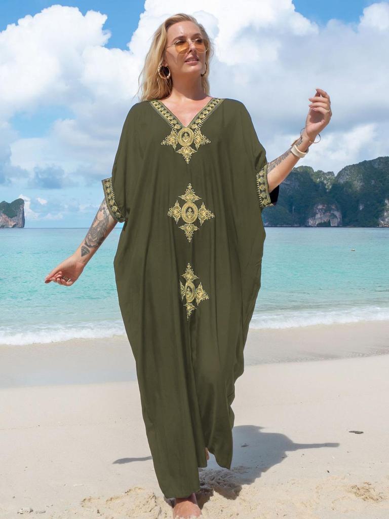 European & American Cotton Gold Thread Embroidered Beach Cover-up Dress