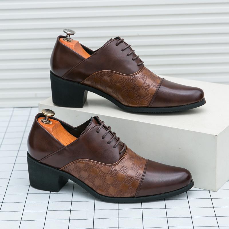 Men's Retro Leather High-Heeled Formal Shoes - Size 46, Pointed Toe, Low-Top, with Height Boost for Business or Wedding
