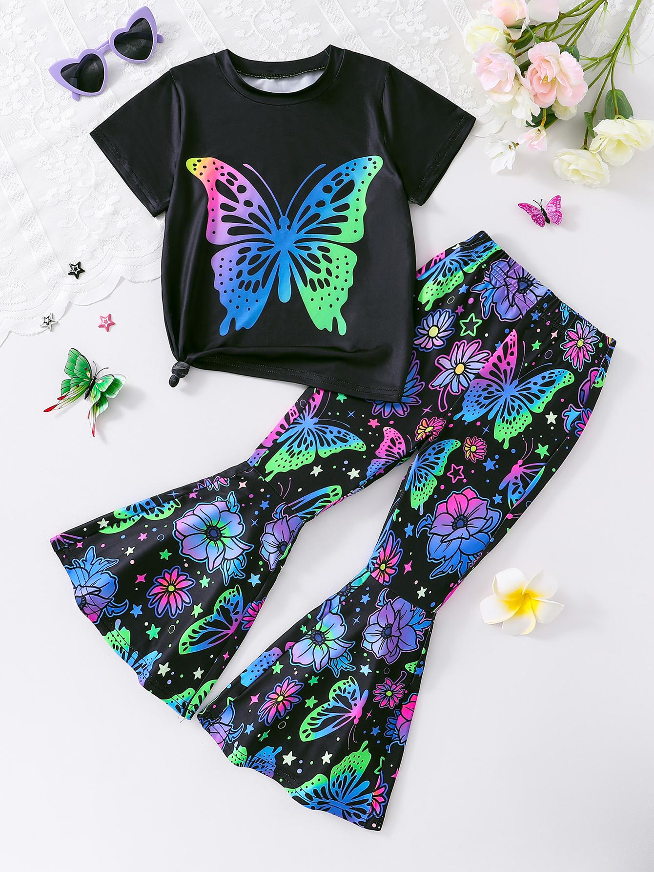 2pcs Girls  Everyday Comfortable Silky Cool Fluorescent Butterfly Round Neck Short-Sleeved Top and Fluorescent Butterfly Flower Flared Pants Set 4Y чёрный