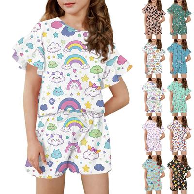 Girls' Summer Outfit Ruffle Sleeve Top And Shorts Clothing Set Lightweight Casual Two Piece