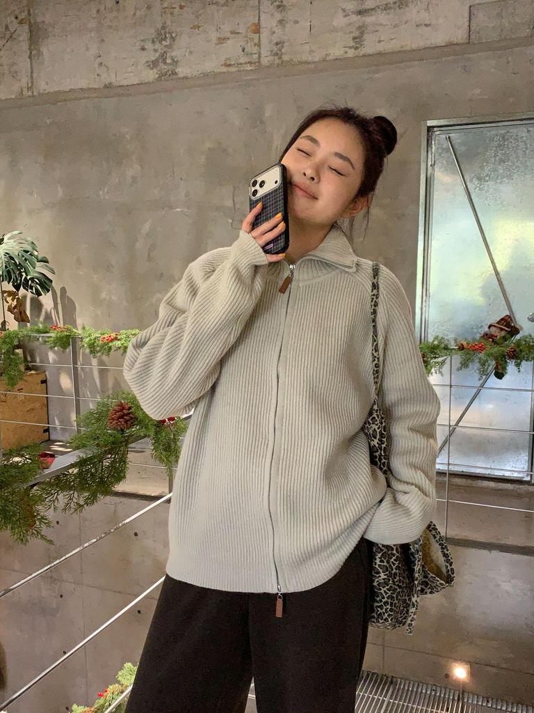 Women's Plus Size Elegant Double Zipper Stand Collar Sweater - Casual Winter Fashion Korean Style Outerwear