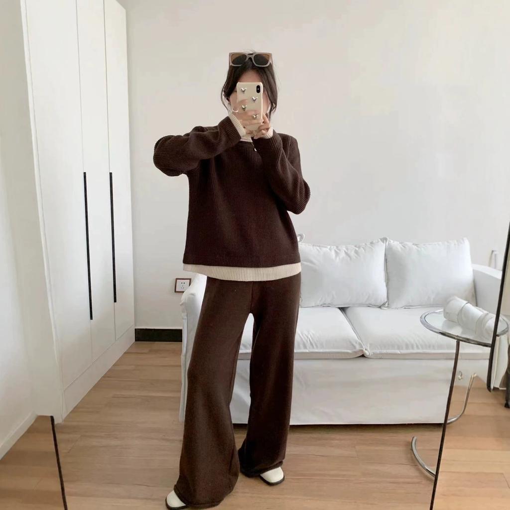 Casual simple fake two-piece knitted suit for women's autumn and winter new thickened crew neck top + wide-leg pants two-piece set
