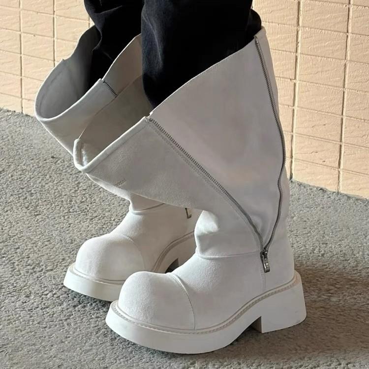 Retro big round head knight boots new personality two wear big tube circumference zipper high boots