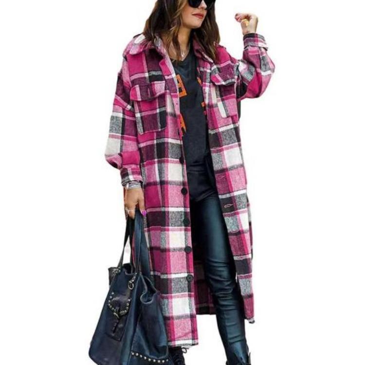 Giacca Calda Spessa a Quadri da Donna Larga Manica Lunga Lunghezza Media Cappotto Collo Abbinamento Colore Monopetto Tasche Streetwear Pendolarismo
