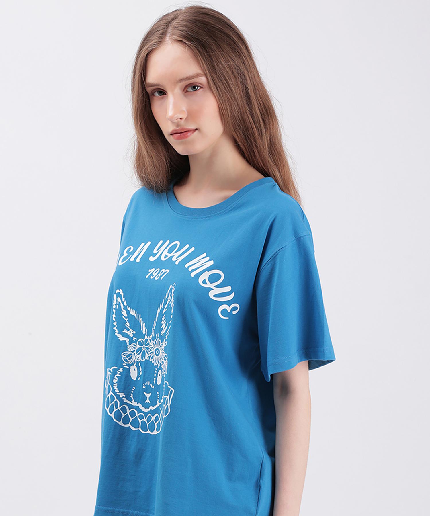 When You Move English Rabbit Graphic Silket Wash Short Sleeve T-Shirt Blue/Free