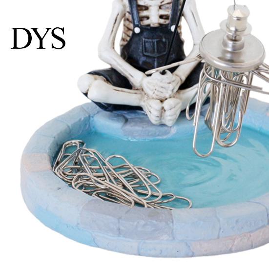 Funny Halloween Decorations Fishing Skeleton Magnetic Paperclip Holder, Skull Office Supplies Organizer Dark Humor with Storage Tray, Resin