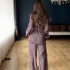 European & American V-neck Graphic Tie Long Sleeve Top and Casual Pants Women's Fashion Set, 2025 Collection