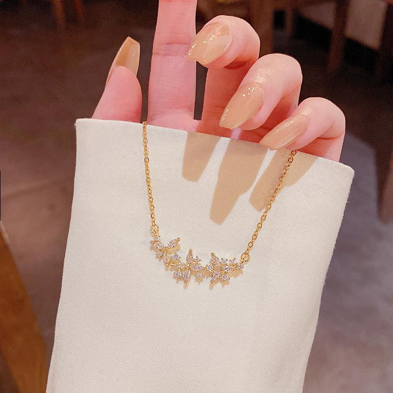 Exquisite Luxury Zircon Crystal Flower Gold Color Stainless Steel Pendant Necklace for Women Trendy Valentine's Day Gift Jewelry