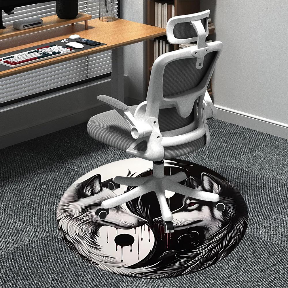 1pc Wolf YinYang Office Round Area Rug, Under Office Chairs Bedroom Living Room Home Decor, Room Deco
