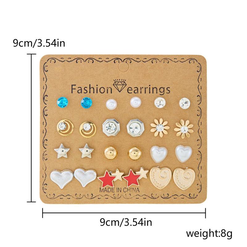 12 Pairs Combination Stud Earrings For Women Girl Moon Star Flower Pearl Zircon Heart Mini Earring Party Personality Jewelry
