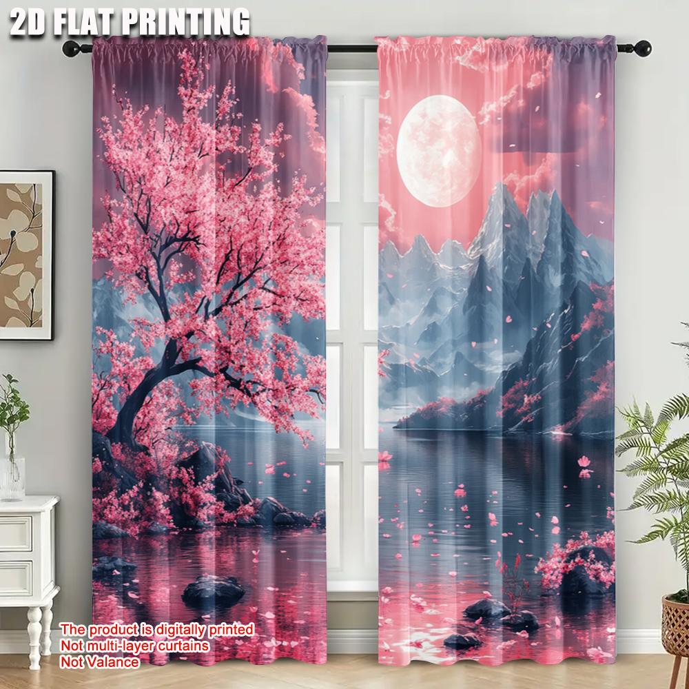 2pcs   Curtain Popular  print Cherry Blossom Moon Versatile 100% Polyester (without rod) Stuff Clearance Ldeal for Living Room