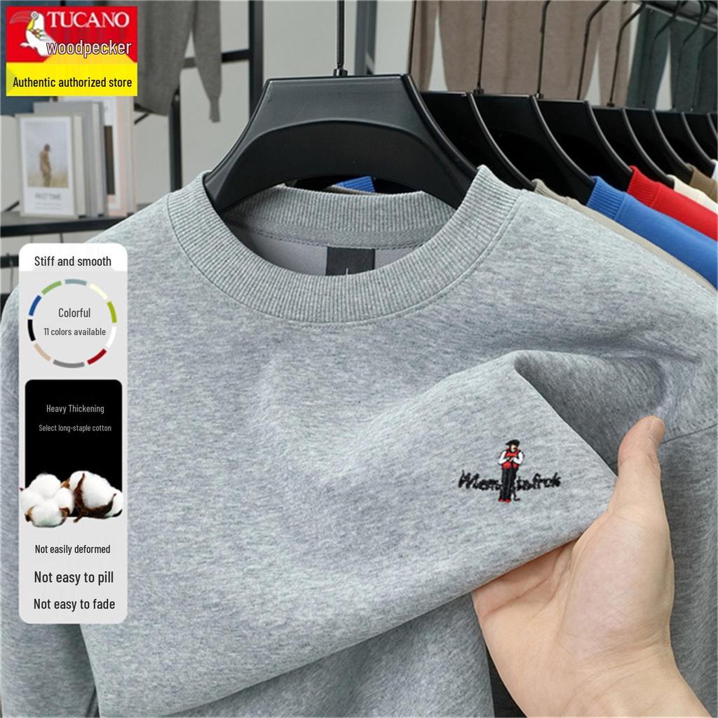 Men's Thickened Velvet Woodpecker Hoodie - Long Sleeve, Round Neck, Solid Color Cotton T-Shirt for Autumn/Winter