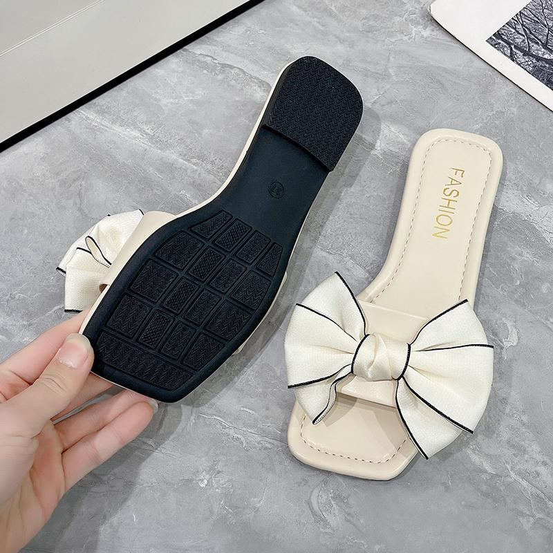 Fashion Aphixta Butterfly Knot Summer Beach Shoes Flat With Heel Slippers Women Sweet Bow Mulers Outside Sandals Square Toe Slipper