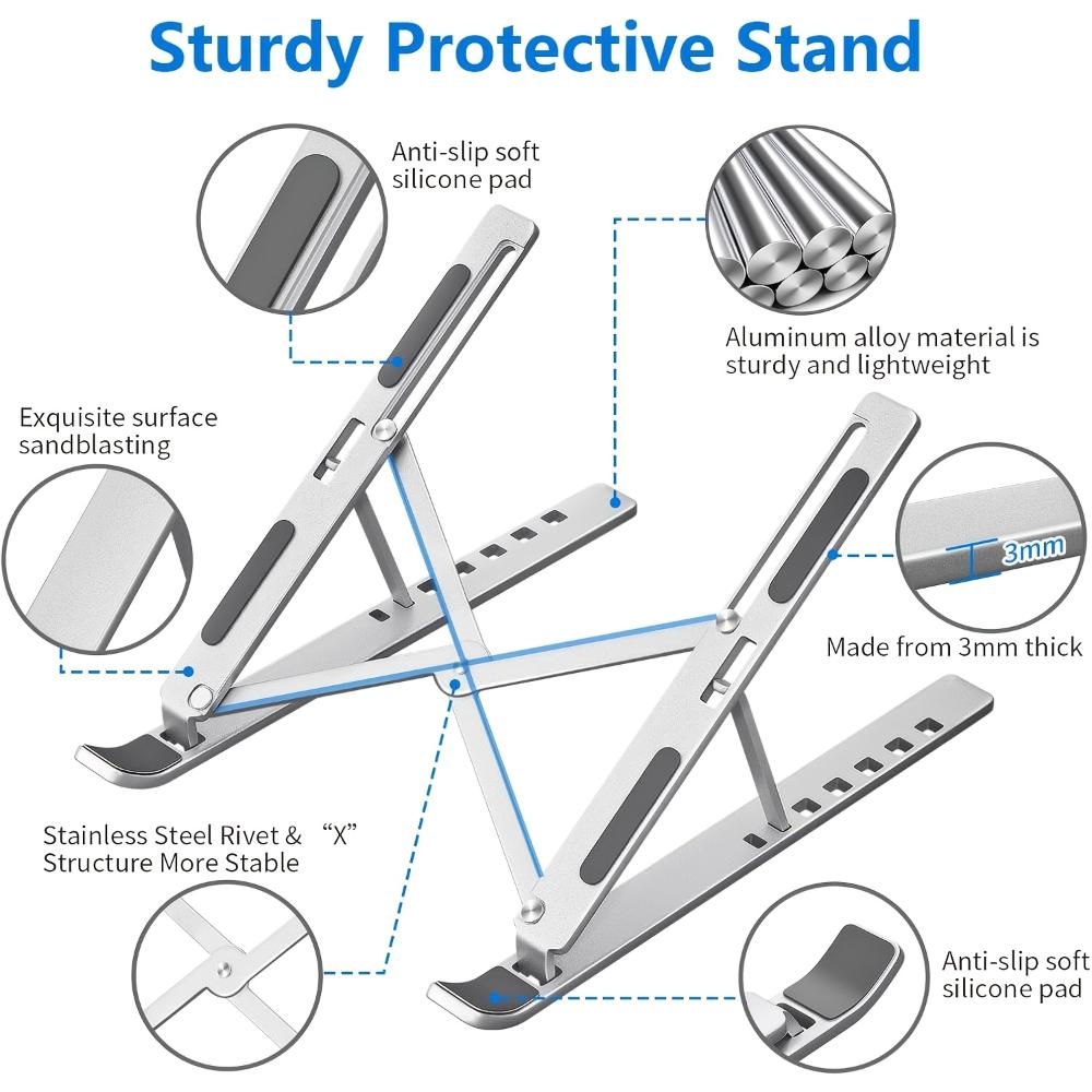 Aluminum Desktop Laptop Stand, Foldable Adjustable Riser Holder, Portable, Compatible With 10‑15.6 Inch Laptops