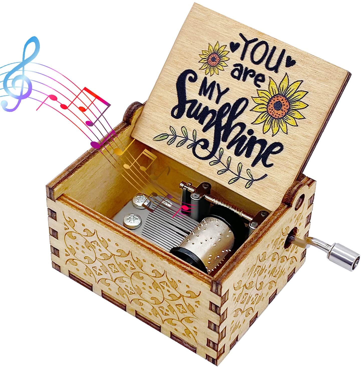 Hand Crank Laser Engraved Classical Diy Wooden Music Box You Are My Sunshine (Khaki,Small)