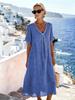2026 New Casual Spring/Summer V-Neck Short Sleeve Loose Long Dress - Solid Color Cotton Linen