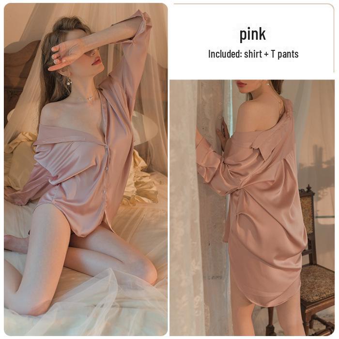 Sexy Pyjama-Set für Damen im Sommer 2024 – Hemdkleid im Boyfriend-Stil mit Spitzenshorts