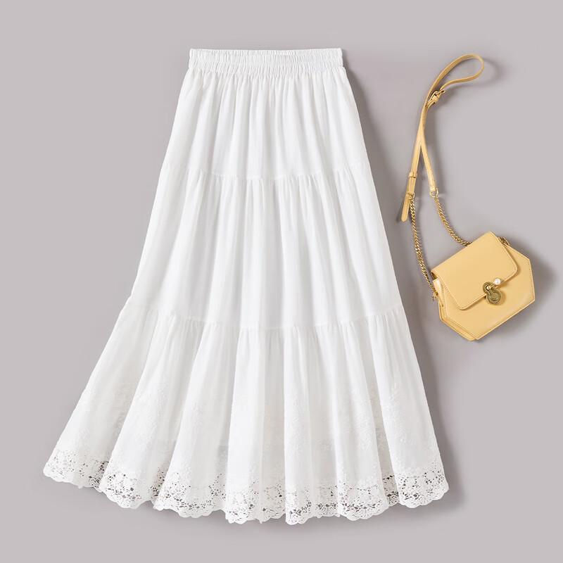 French Embroidery Pleated A-Line Midi Skirt L
