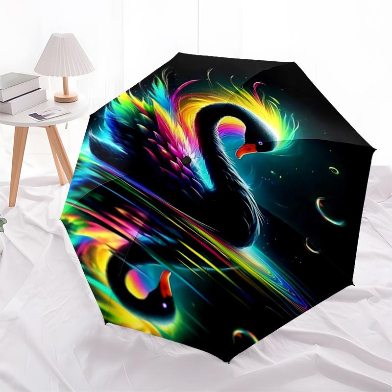 Colorful Swan Automatic Opening/Closing Umbrella with Foldable Design, Iron Frame Outdoor Rain Gear for Fans, Travelers, Daily Use, Festival