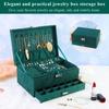 Vintage Green Flannel Jewelry Box For Women Girls, 3-Layer Large Capacity