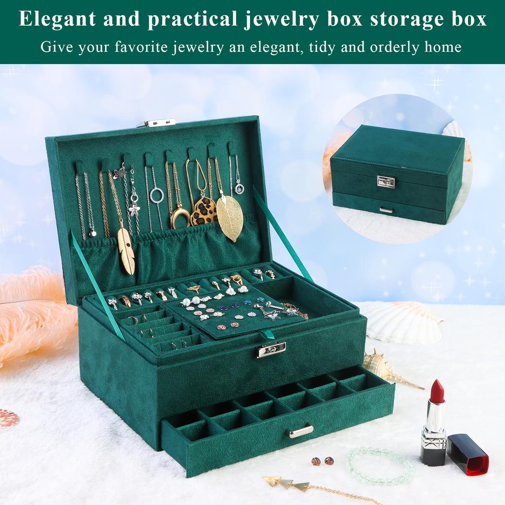 Vintage Green Flannel Jewelry Box For Women Girls, 3-Layer Large Capacity