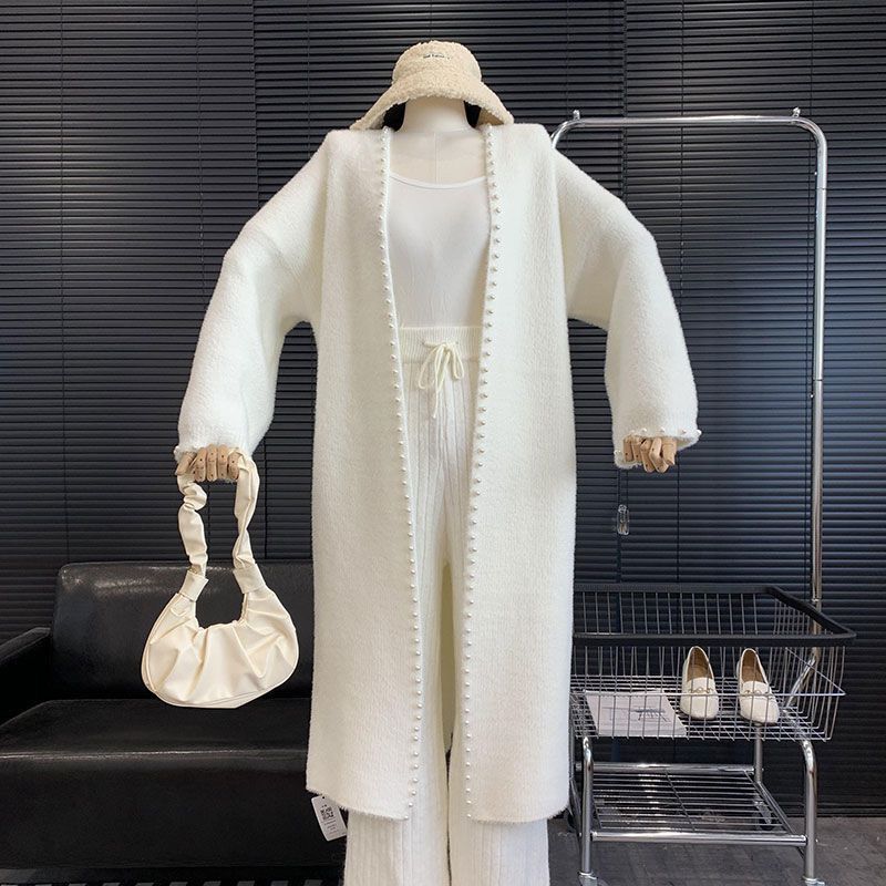 Women's Mink Fleece Cardigan Jacket Autumn and Winter Midi Beaded Knitted Cardigan Loose Casual Over-the-knee Knitted Sweater Coat