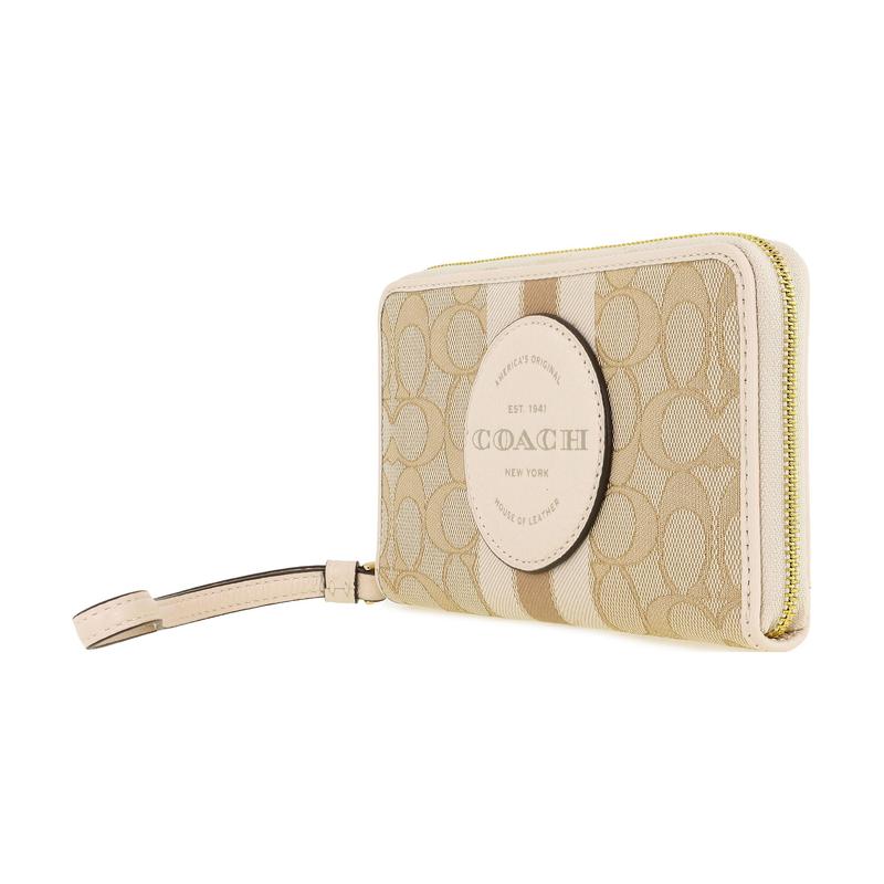 Coach Wallet Dempsey 18 Classic Presbyopia Zipper Jacquard with Exquisite Pebble Leather Card Holder Coin Purse Mobile Phone Bag Women's White