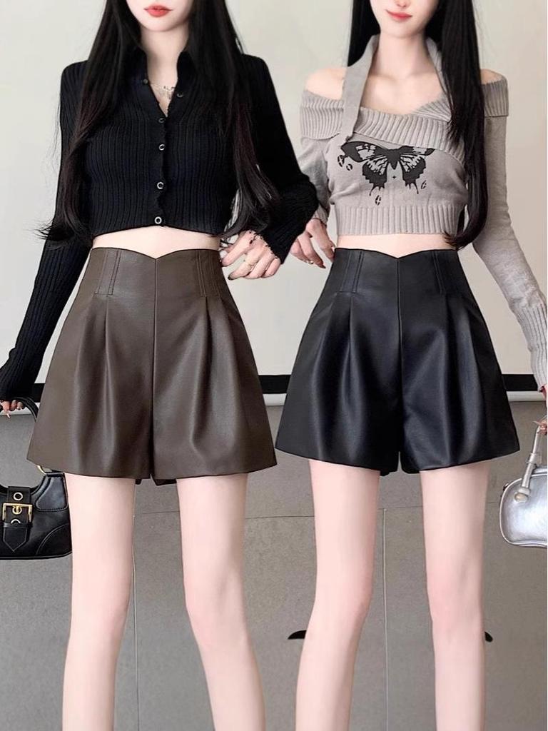 Petite High-Waisted Khaki PU Leather A-Line Shorts for Women - Wrinkle-Resistant, Wide-Leg Bootcut, Autumn/Winter Wear.