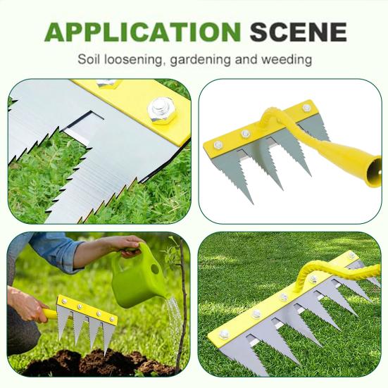 Weeding Rake with High Carbon Steel Teeth Wooden Handle Garden Weed Remover Lightweight Weeder Tool