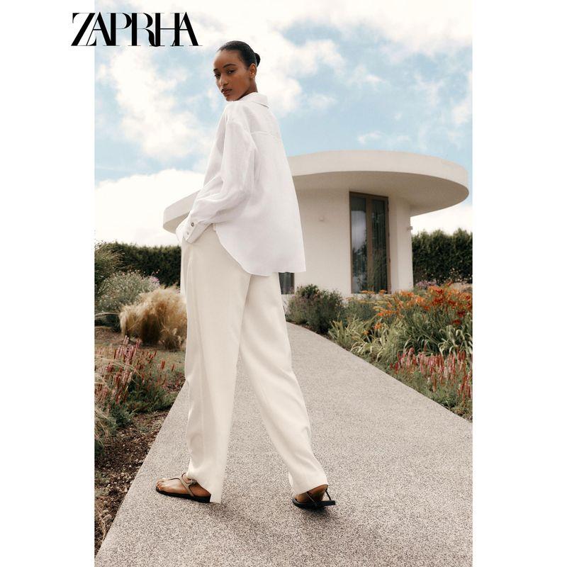 Zaprha 2025 Summer New Versitile Fashion Patchwork Button Decoration Linen Lapel Long Sleeve Shirts 8117707