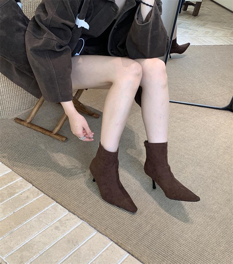 2025 autumn and winter new pointed short boots women's boots French short tube niche thin boots women's suede Martin boots