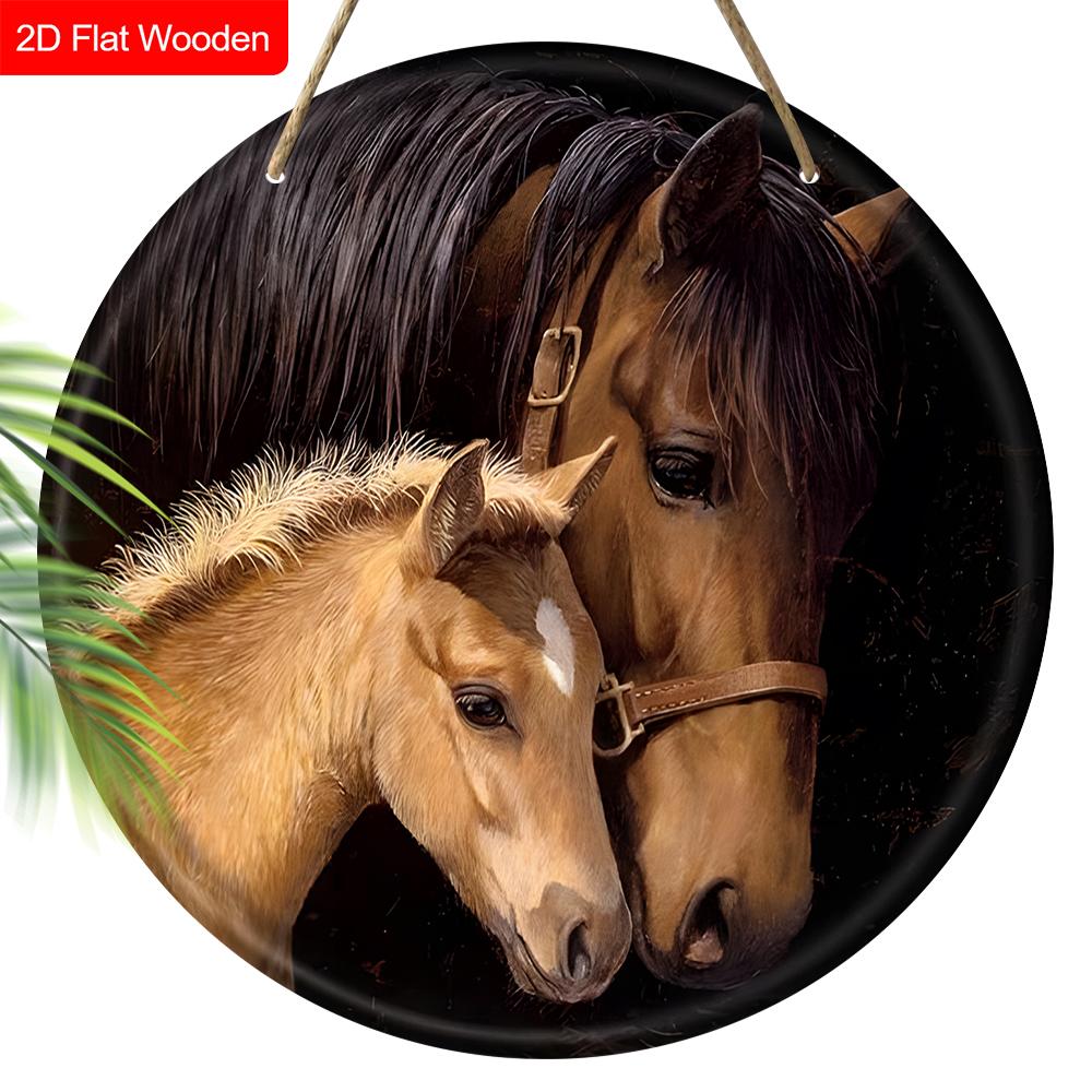 Уникальная деревянная табличка с рисунком лошади - Очаровательная круглая табличка для входной двери, настенный декор - Идеальный подарок для друга и семьи коричневый