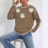 ContrastSplicing Casual Pullover Loose Sweater Three-dimensional Flower Embroidery Beading Women's Top