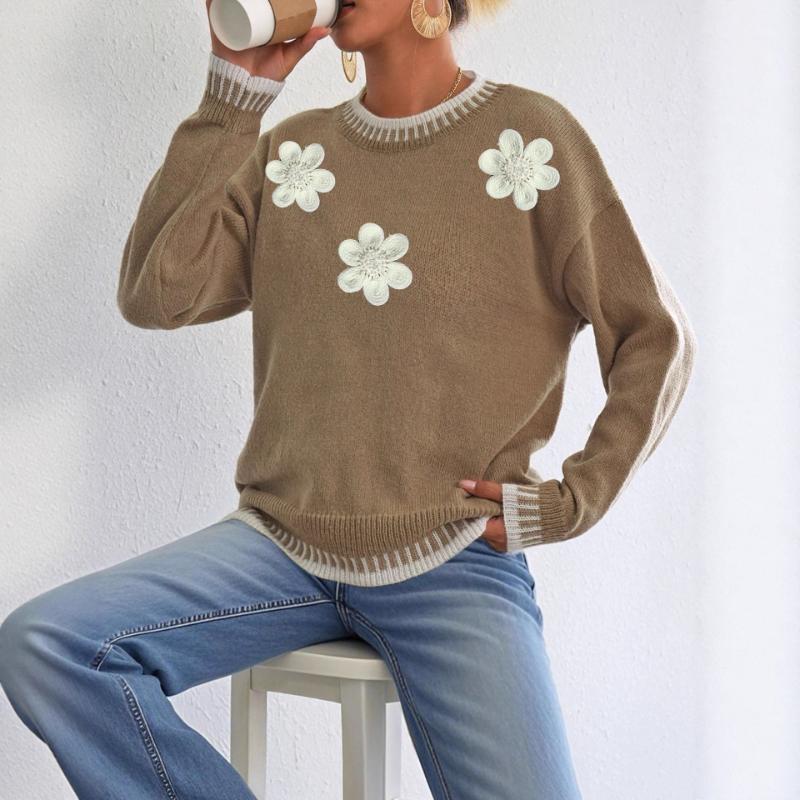ContrastSplicing Casual Pullover Loose Sweater Three-dimensional Flower Embroidery Beading Women's Top