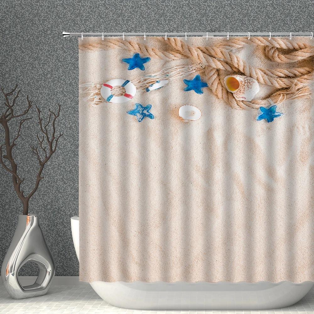Starfish Shower Curtain Set Starfishs Shells Seascape Ocean Bath Curtains Waterproof Fabric White Blue Bathroom Screen Decor