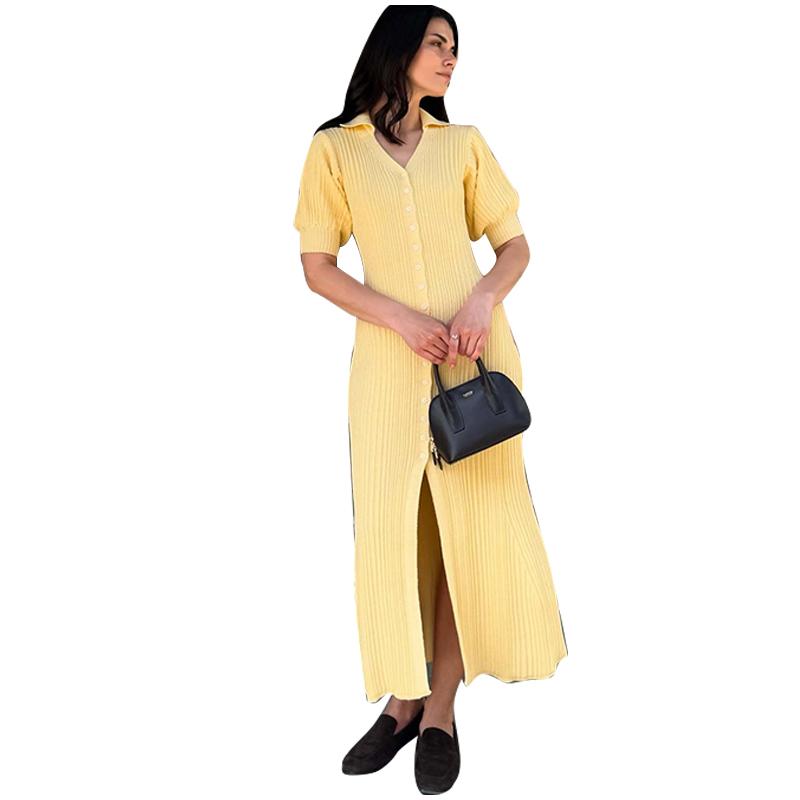 Damen Strickkleider mit Puffärmeln, einreihig geknöpft, lang, frisch, einfarbig, schlankmachend, Sommerneu, eleganter Damenstrickstil