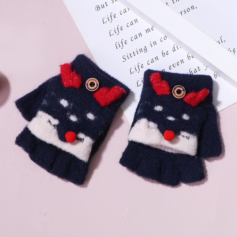 Winter knitted flip half-finger gloves jacquard deer imitation mink cover gloves baby warm back cover gloves