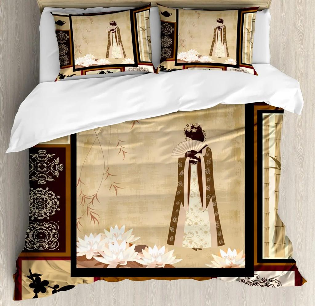 Japanese Duvet Cover SetGirl In Traditional Dress and Cultural Patterns Antique Eastern Collage Bedding Sets FullBrown Cream