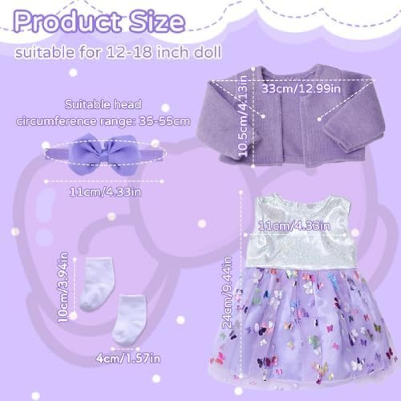 Xerteam 4-Piece Purple Doll Clothes Set for 36-43cm Girl Dolls, Includes Coat Dress Socks Butterfly Headband, 16-18 Inch Doll Accessories Gift